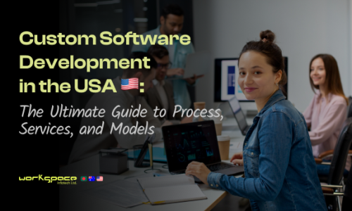 Woman working on a laptop in a modern office representing custom software development services in the USA.