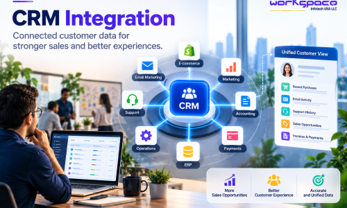 CRM integration connecting customer data across sales, marketing, and service systems