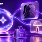 AI shopping assistant illustration with a glowing orb and floating backpack, headphones, and lamp product cards.