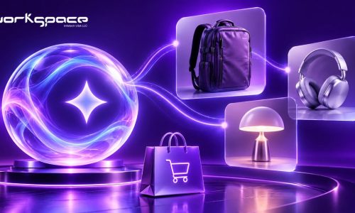 AI shopping assistant illustration with a glowing orb and floating backpack, headphones, and lamp product cards.