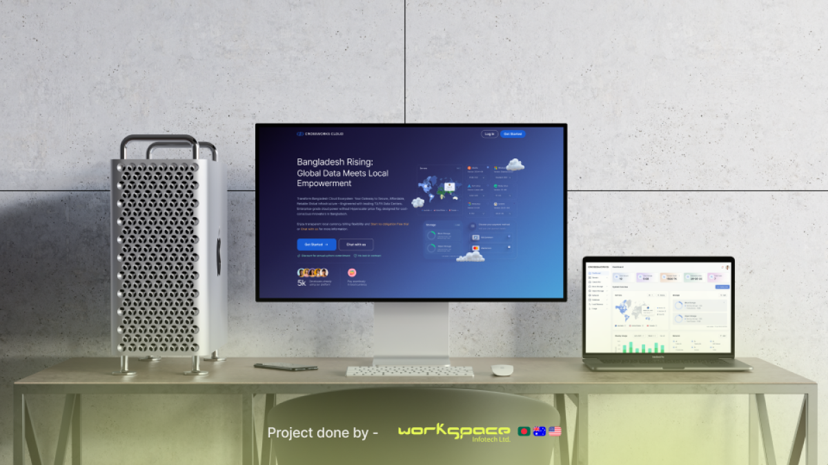 A professional workstation featuring a Mac Pro and Pro Display XDR showing a Crossworks Cloud UX design interface for a data empowerment project in Bangladesh.