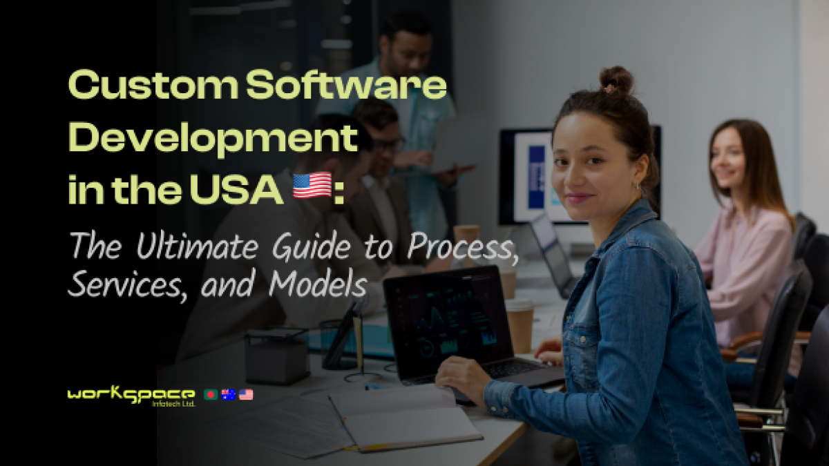 Woman working on a laptop in a modern office representing custom software development services in the USA.